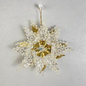 Vintage Handmade White Gold Lace Snowflake Snow Holiday Christmas Tree Ornament